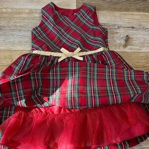 Girls Red & Gold Plaid Holiday Dress with Gold Bow & Tulle Layer - Size 4